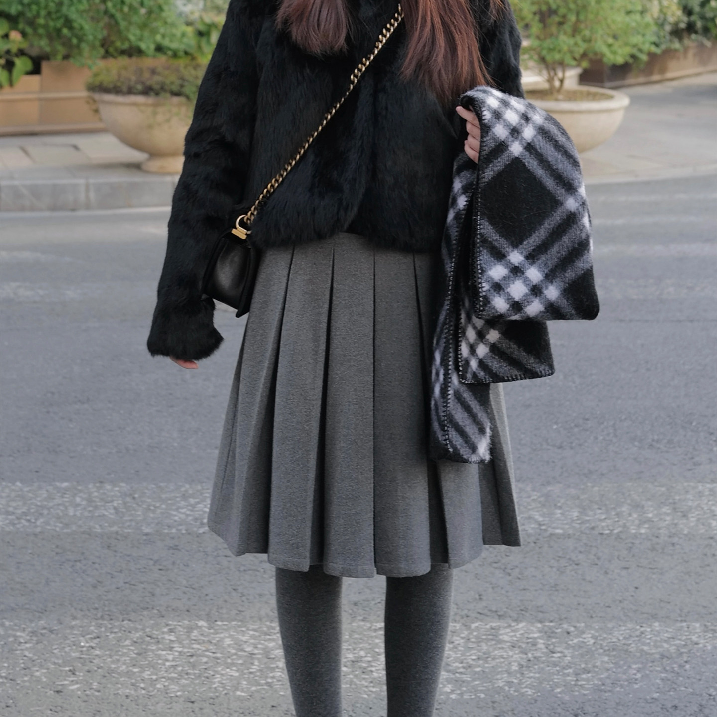 INNQ高腰格雷系灰色百褶半身中裙