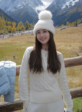 INNQ【实穿内搭】米白色圆领套头百搭保暖老钱风麻花含羊毛毛衣女