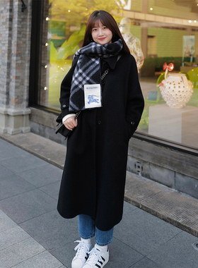 INNQ【中古赫本】极zhi显瘦 黑色全羊毛双面尼翻领系腰带长款大衣