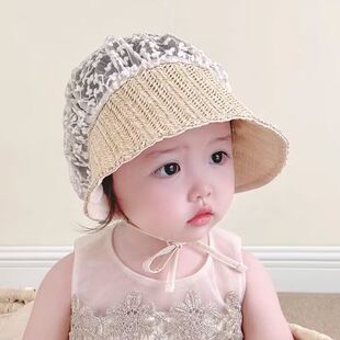 婴儿遮阳帽夏防晒草帽超萌公主宝宝帽子出游薄宫廷女童蕾丝太阳帽