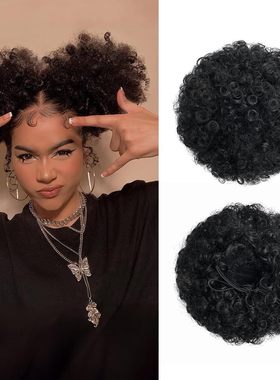 假发  Afro Puff Kinky Curly抽绳发髻假发女高温丝非洲发包