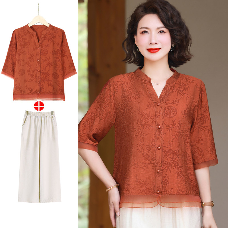 中年妈妈夏装中袖棉麻亚麻上衣洋气中老年女装大码纯棉绸衬衫套装