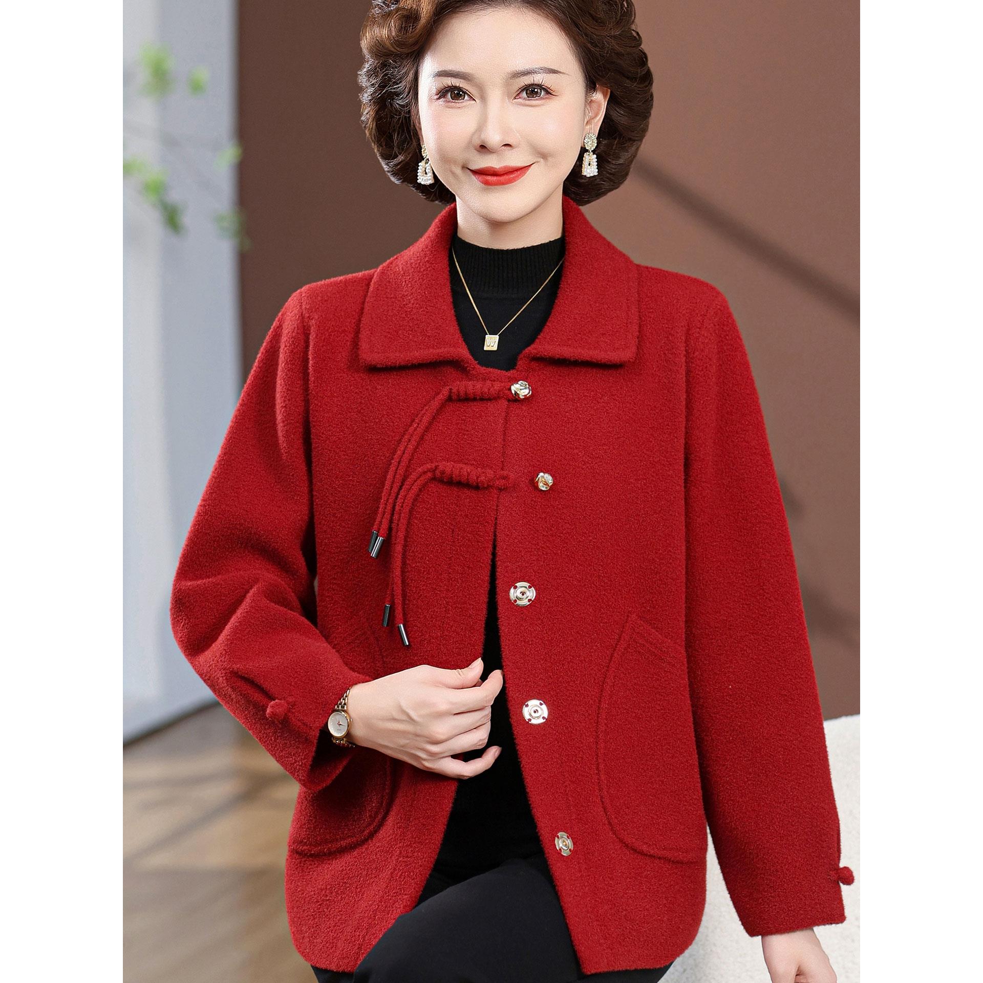 中年妈妈秋装外套2025新款中老年女装秋冬国风翻领呢子开衫上衣服