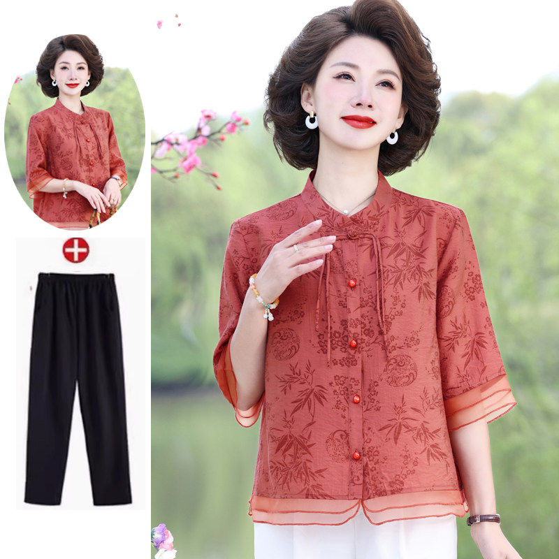 母亲节妈妈夏装中式桑蚕丝衬衫中老年女大码洋气真丝上衣50岁高端