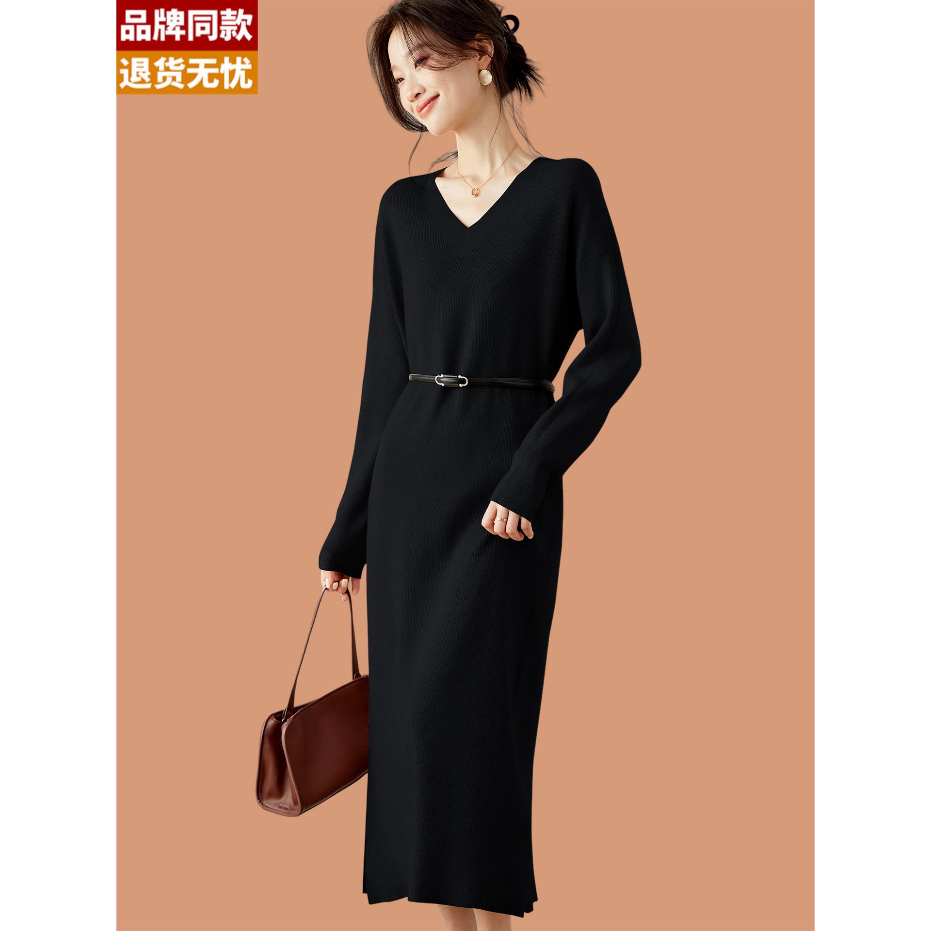 法式v领针织连衣裙女秋冬2025新款羊毛衫配大衣过膝中长款打底衫