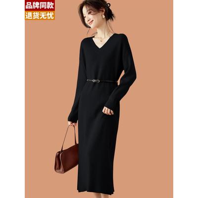 法式v领针织连衣裙女秋冬2025新款羊毛衫配大衣过膝中长款打底衫