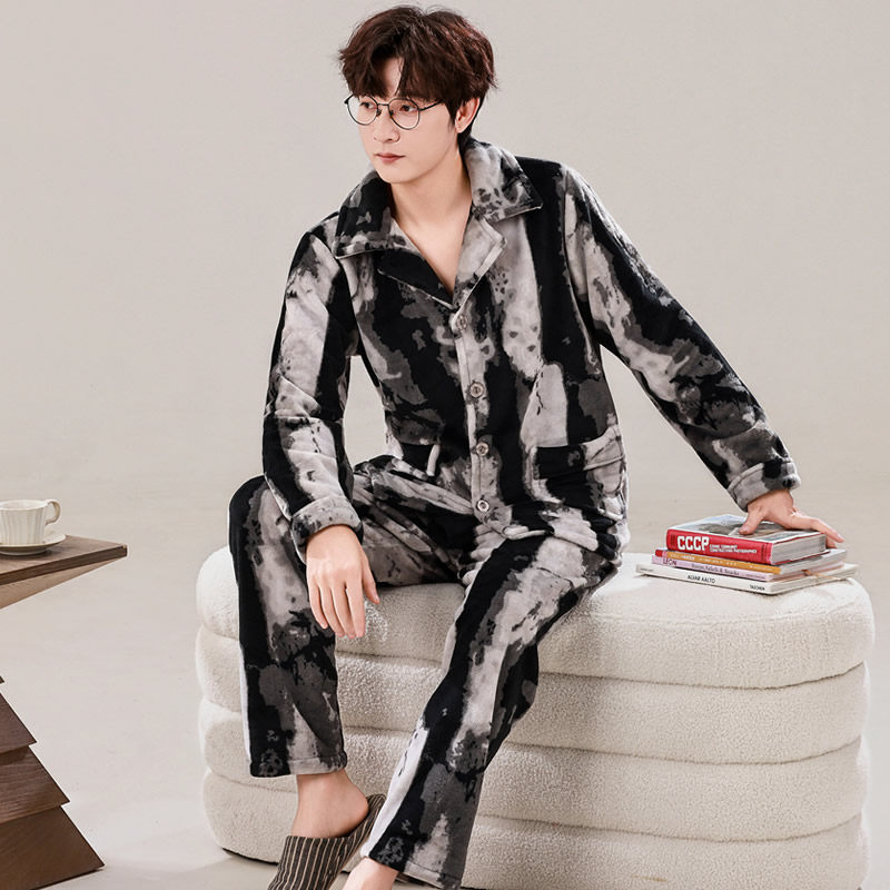 男士秋冬季珊瑚绒睡衣加厚加绒法兰绒保暖翻领大码青年家居服套装