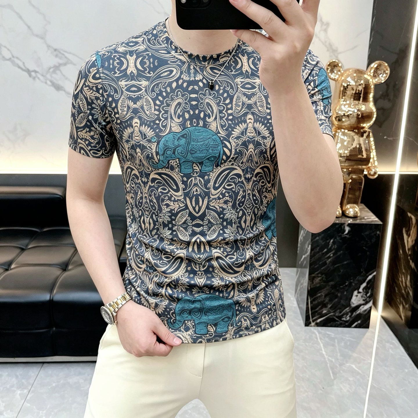 夏季新款修身男士复古印花潮流轻奢透气花色圆领短袖T恤百搭休闲