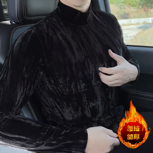金丝绒男士打底衫爆款2025新款高级感男装半高领加绒长袖男款t恤