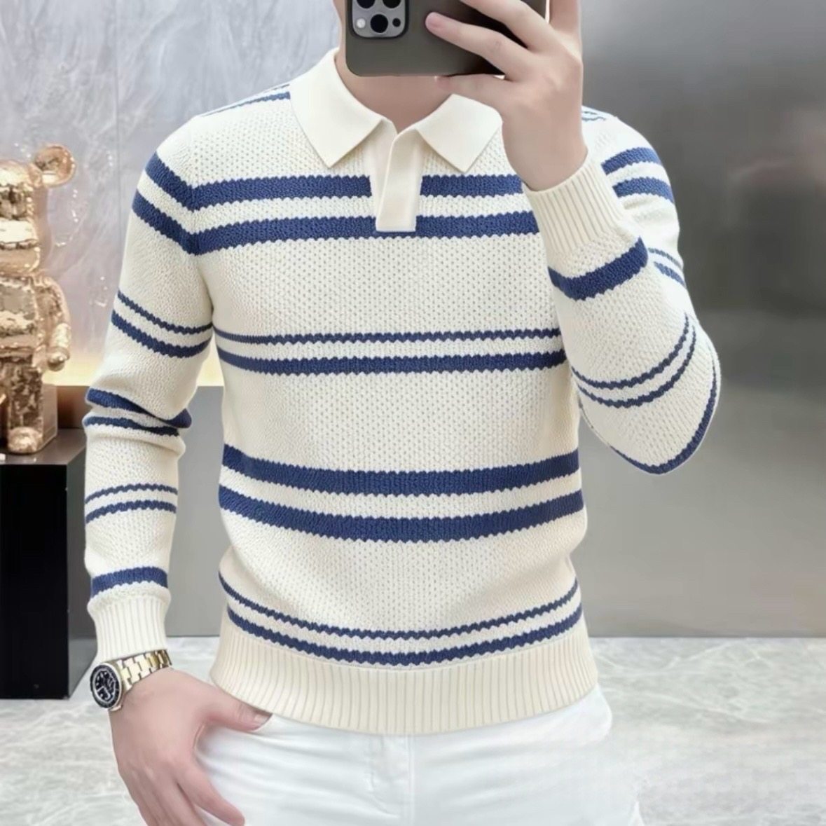 2026秋冬新款毛衣男翻领修身保暖针织衫条纹潮流百搭打底休闲线衣