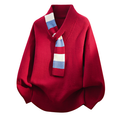 高端设计连围巾V领毛衣男加厚秋冬季保暖打底衫男针织衫潮流线衣