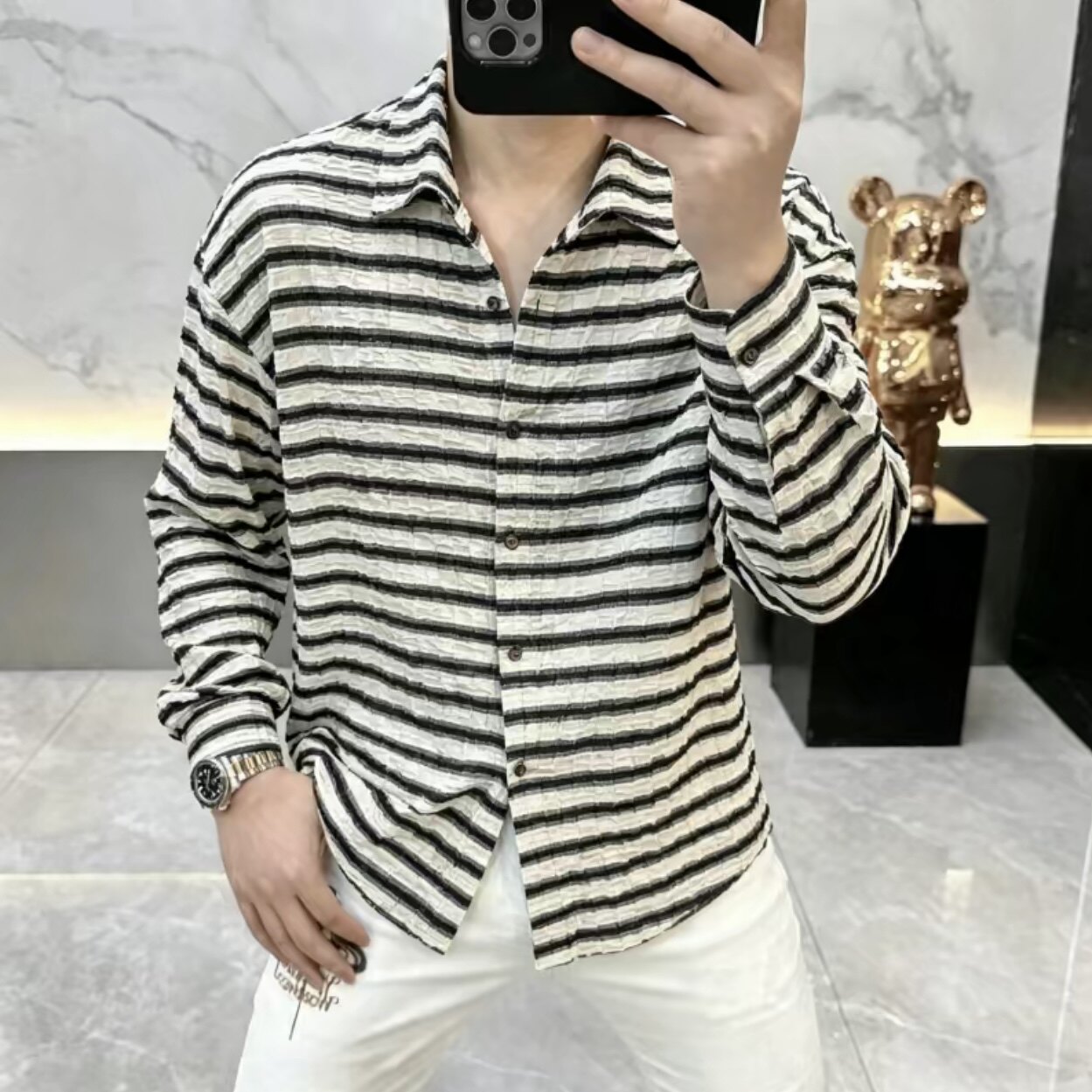 高档轻奢秋季新款男士条纹长袖衬衫潮流帅气商务休闲时尚百搭7377