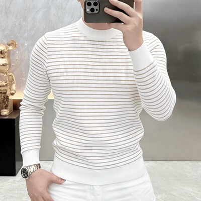 高档圆领条纹针织衫毛衣男士冬季新款时尚百搭保暖打底衫男装9512