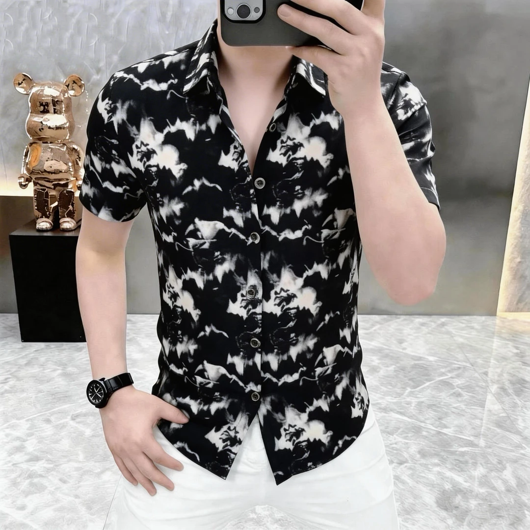 夏季男士冰丝薄款印花翻领短袖衬衫时尚潮流帅气半袖衬衣25020