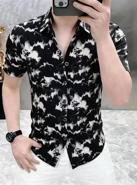 夏季男士冰丝薄款印花翻领短袖衬衫时尚潮流帅气半袖衬衣25020