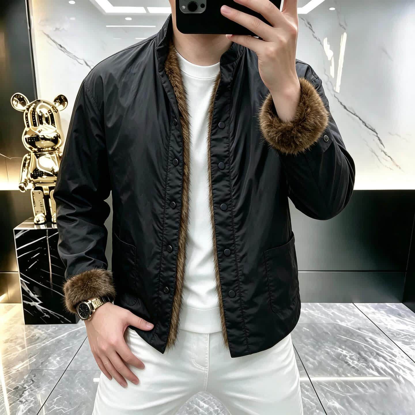 高档轻奢秋冬季新款男士潮流休闲百搭时尚立领加绒夹克外套8101
