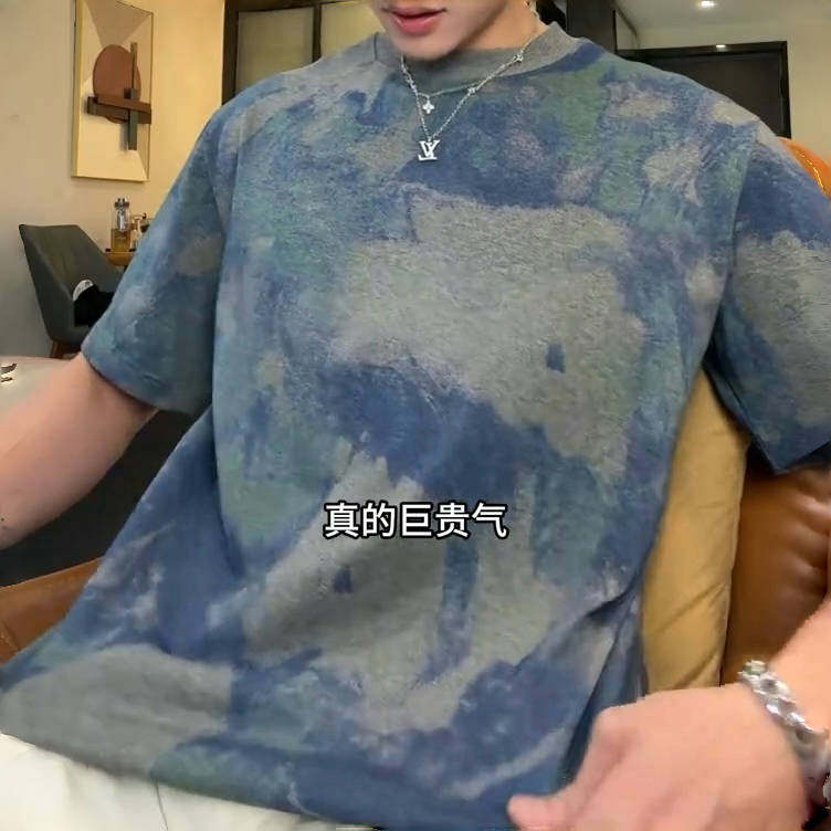 夏季高级感新款男士韩版扎染撞色设计短袖T恤圆领百搭上衣