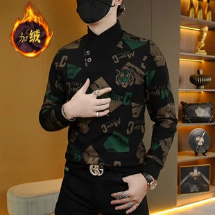 冬季潮流时尚网红个性百搭男士加绒修身虎头打底衫那帕领长袖卫衣