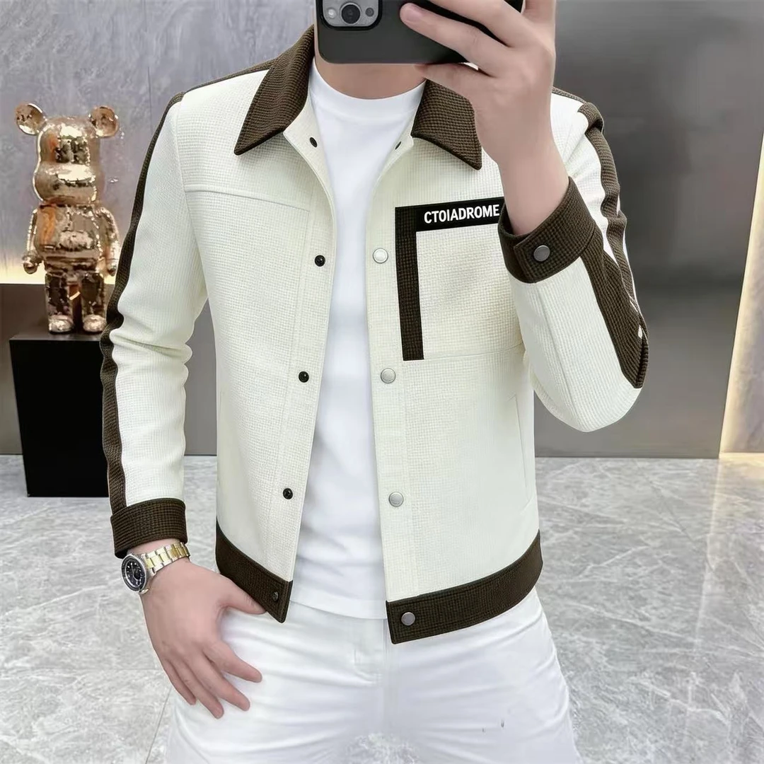 2026春季新款男士高档外套时尚百搭休闲翻领格子夹克外套