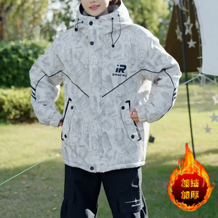 青少年秋冬季外套男生新款加绒加厚保暖连帽夹克冬装帅气学生上衣