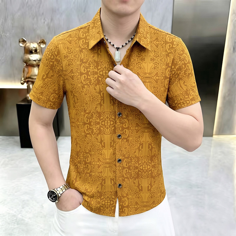 夏季薄款休闲潮流男翻领短袖衬衫时尚简约男士新款痞帅凉感欧货T