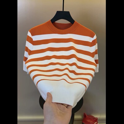 高档早春圆领针织短袖男士时尚百搭洋气T恤打底潮流条纹上衣M106