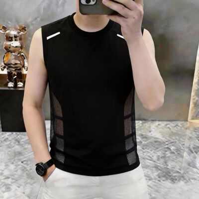 高档夏季新款凉感冰丝无袖T恤男士透气潮流时尚百搭背心男装T8512