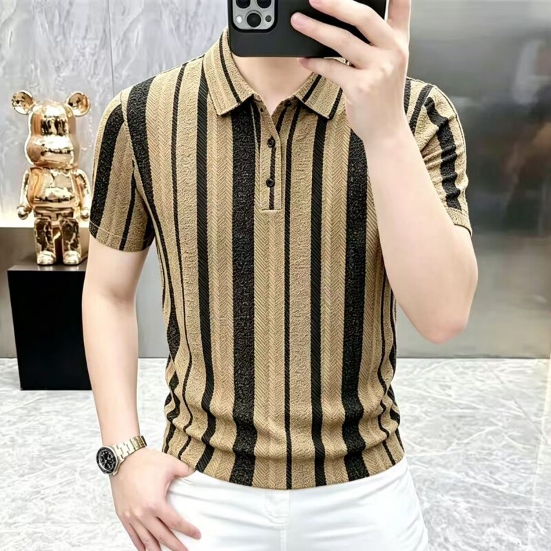 高档轻奢夏季新款男士商务休闲潮流百搭条纹翻领短袖POLO26692