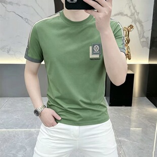 欧版男士夏季新款t恤轻奢时尚潮流个性圆领百搭短袖休闲修身圆领