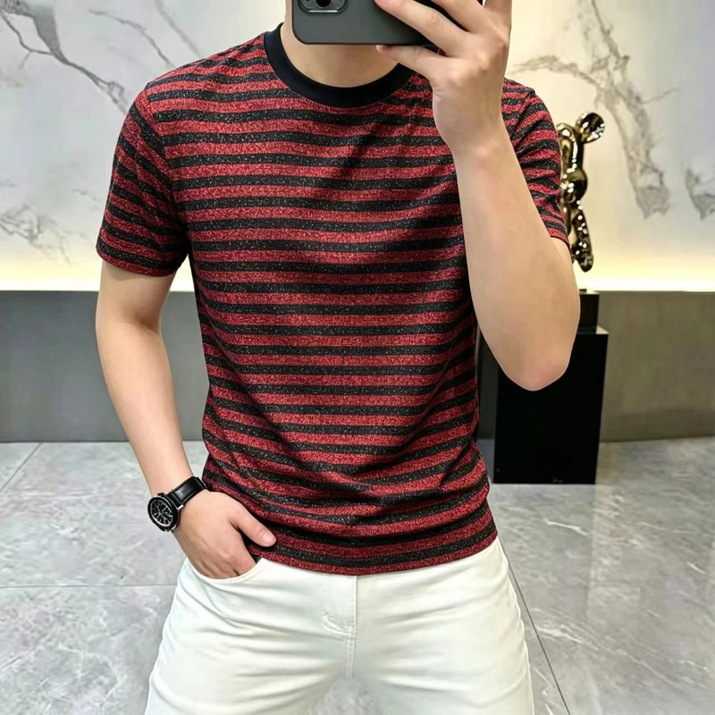 2026夏季高档冰丝条纹男士短袖透气百搭休闲镂空T恤男提花圆领
