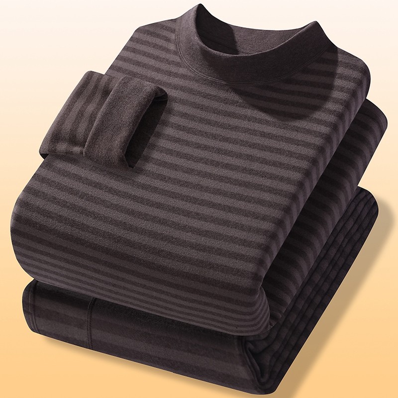 秋冬季新款德绒保暖内衣套装男半高领条纹磨毛防寒秋衣秋裤打底衫