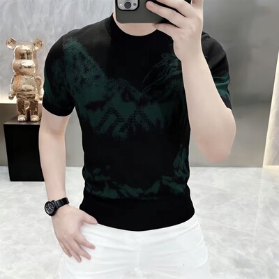 2026简欧轻奢男士针织冰丝短袖T恤时尚夏季半袖印花百搭上衣LH067
