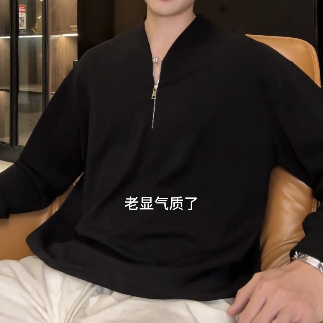 男士秋冬新款轻奢痞帅男装韩版纯色半拉链V领卫衣网红款显瘦