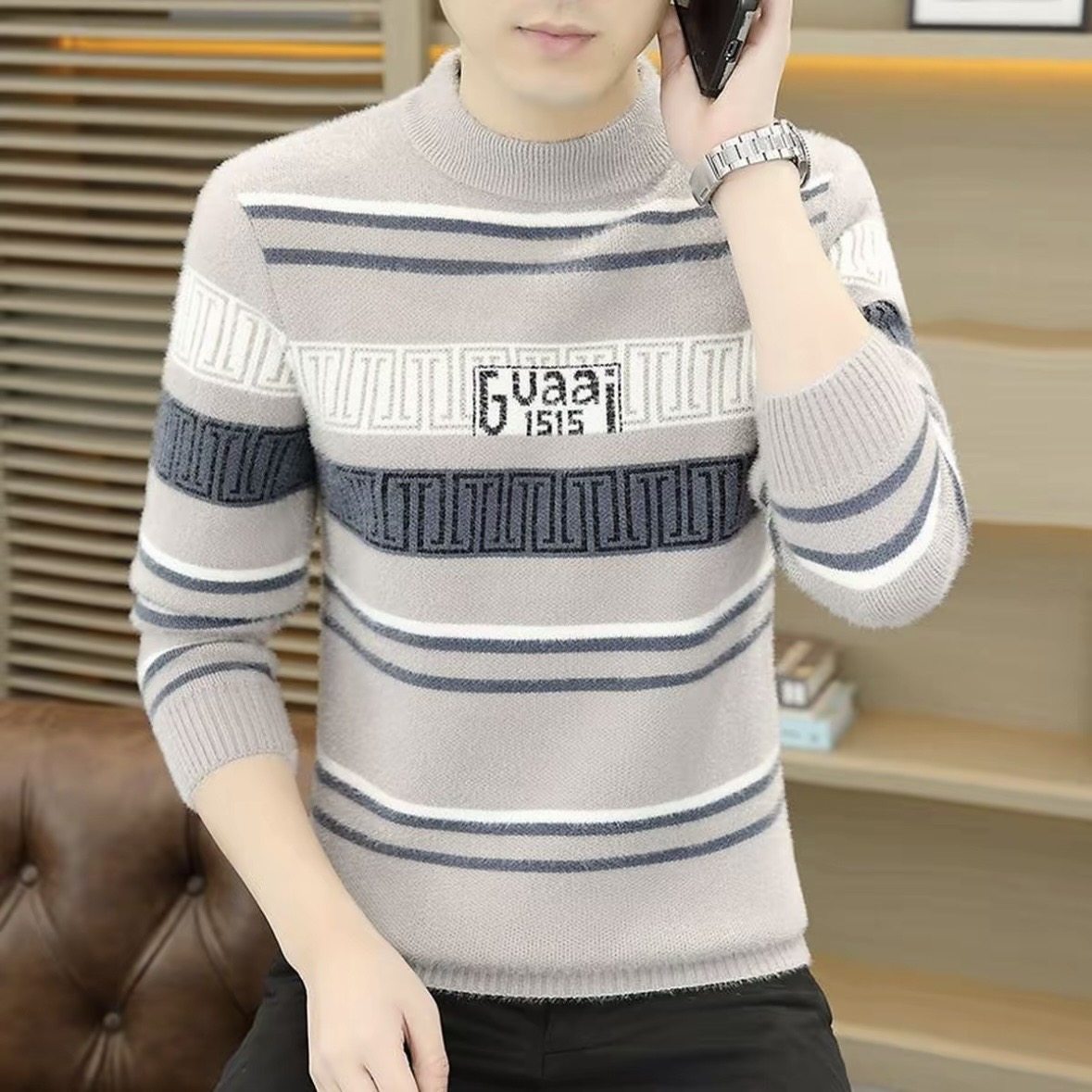 新款秋冬季男士毛衫半高领加绒加厚仿貂绒时尚保暖毛衣韩版条纹