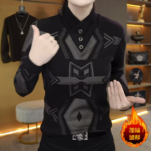 【黑铂几何】冬季加绒时尚潮流男士款修身围巾领打底衫长袖卫衣