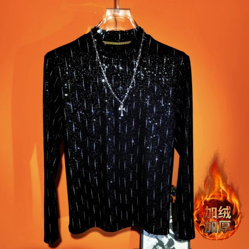 秋季新款修身型常规款半高领长袖T恤中领打底衫男士轻奢重工时尚t