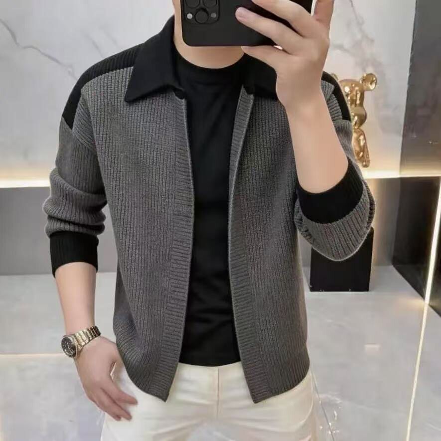 高档男士针织开衫秋冬季新款时尚拼接休闲潮流百搭毛衣外套Y5185