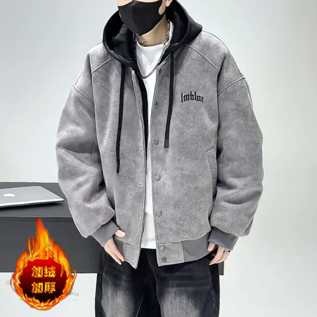 冬季新款连帽不可拆夹克加绒加厚棒球服青少年学生宽松外套潮9808