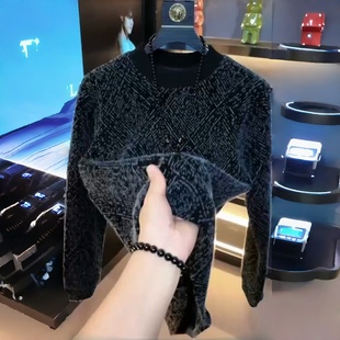 【轻奢】秋冬新款男装长袖T恤圆领时尚休闲上衣加绒保暖欧货男