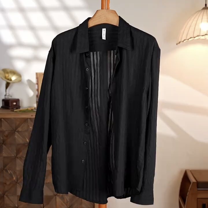 黑色衬衫男款痞帅高级感春夏老钱风休闲宽松衬衣长袖商务薄款外套