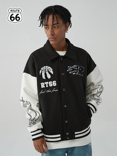 ROUTE66/outlets店 美式潮牌拼接夹克男女同款宽松棒球服情侣装