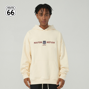 ROUTE66/outlets店 美式潮牌重磅加绒卫衣男女同连帽加厚字母刺绣