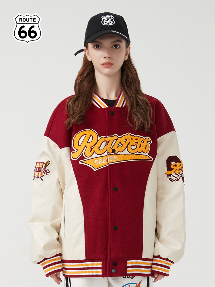 ROUTE66棒球服字母刺绣植绒拼色
