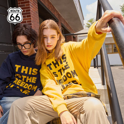 ROUTE66/66号公路美式撞色字母连帽卫衣男女款春季情侣装宽松上衣