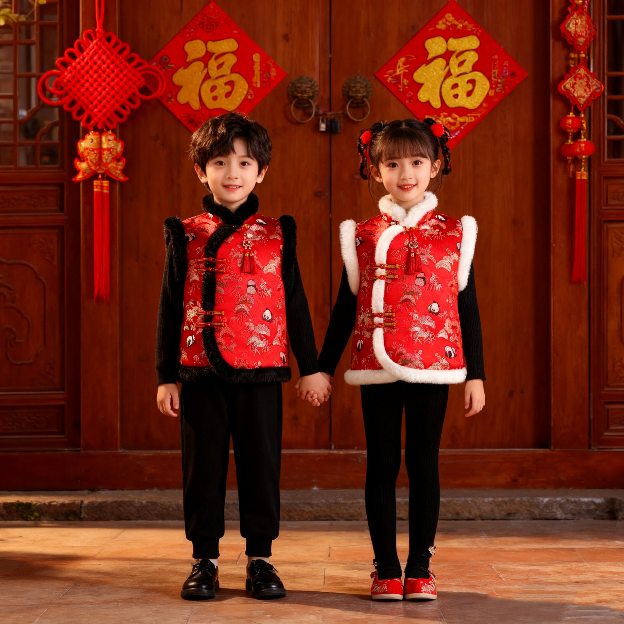 儿童拜年服唐装马甲男宝宝女童棉背心坎肩中国风幼儿园元旦表演服