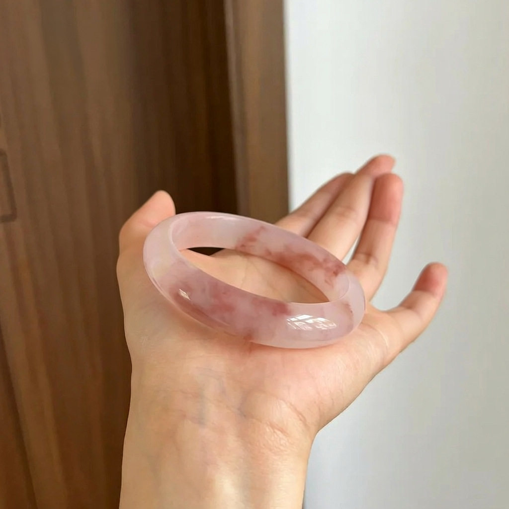 天然粉色金丝玉圆条手镯佘太翠