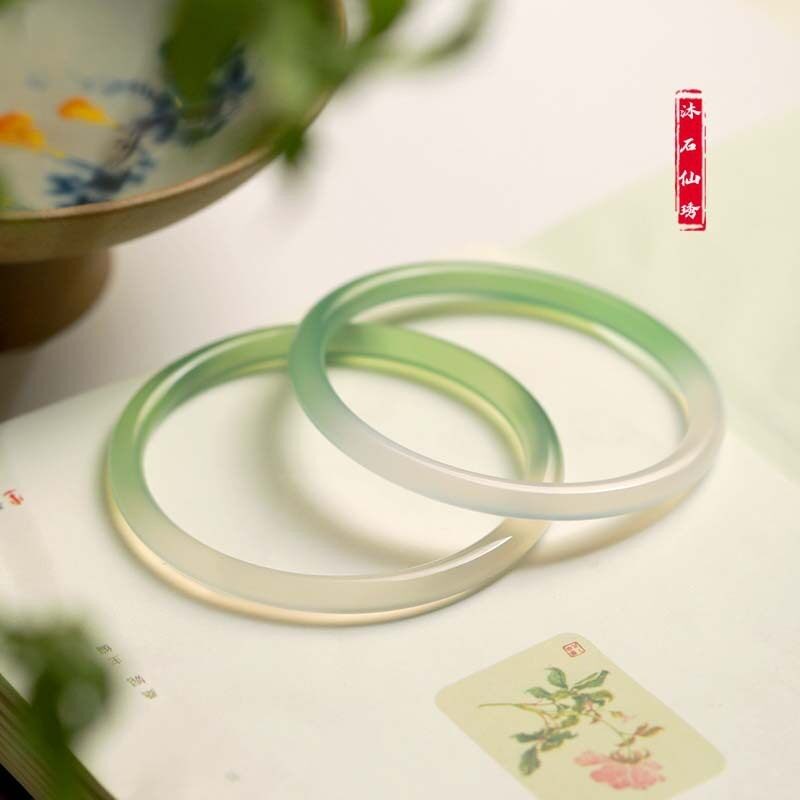 玛瑙玉髓手镯远山黛半油青色翠色叮当镯汉服配饰