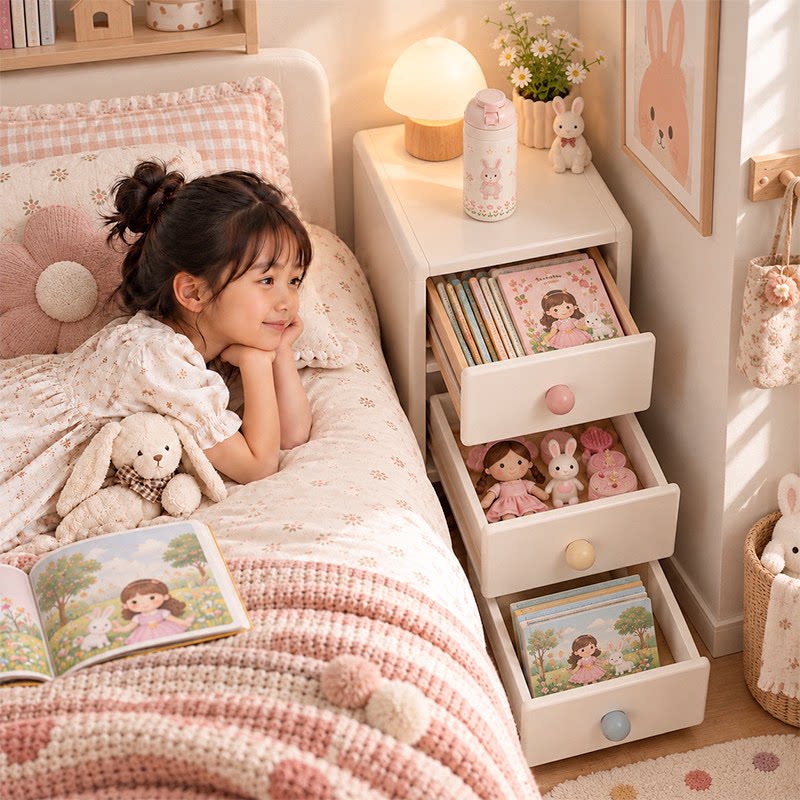 实木奶油风儿童床头柜极窄夹缝