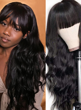 直销假发女wigs齐刘海黑色长卷发亚马逊欧美机制化纤假发hair女士