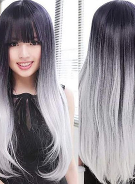 wish外贸假发女士齐刘海渐变长黑白色高温丝假发头套直销欧美K19
